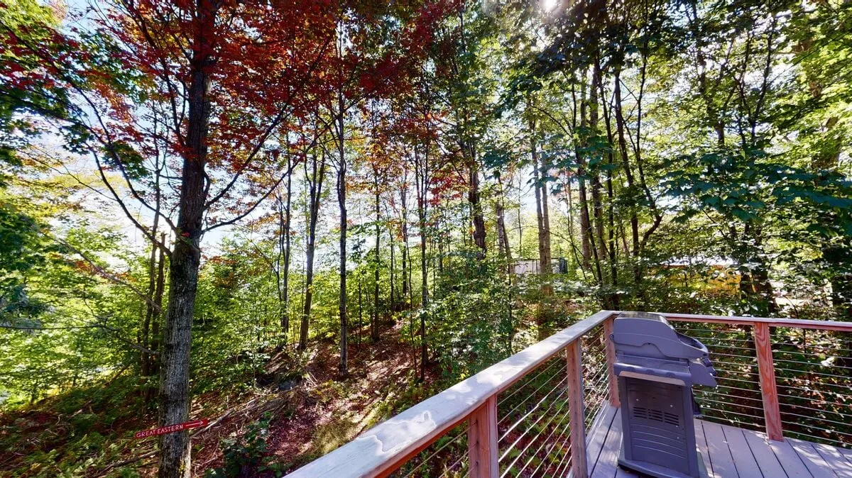 This image shows the deck’s railing and a grill, with mature trees in the background. The view suggests a seamless transition between the home’s outdoor living space and the surrounding natural landscape, hinting at opportunities for outdoor dining and relaxation after adventurous days on the trail.